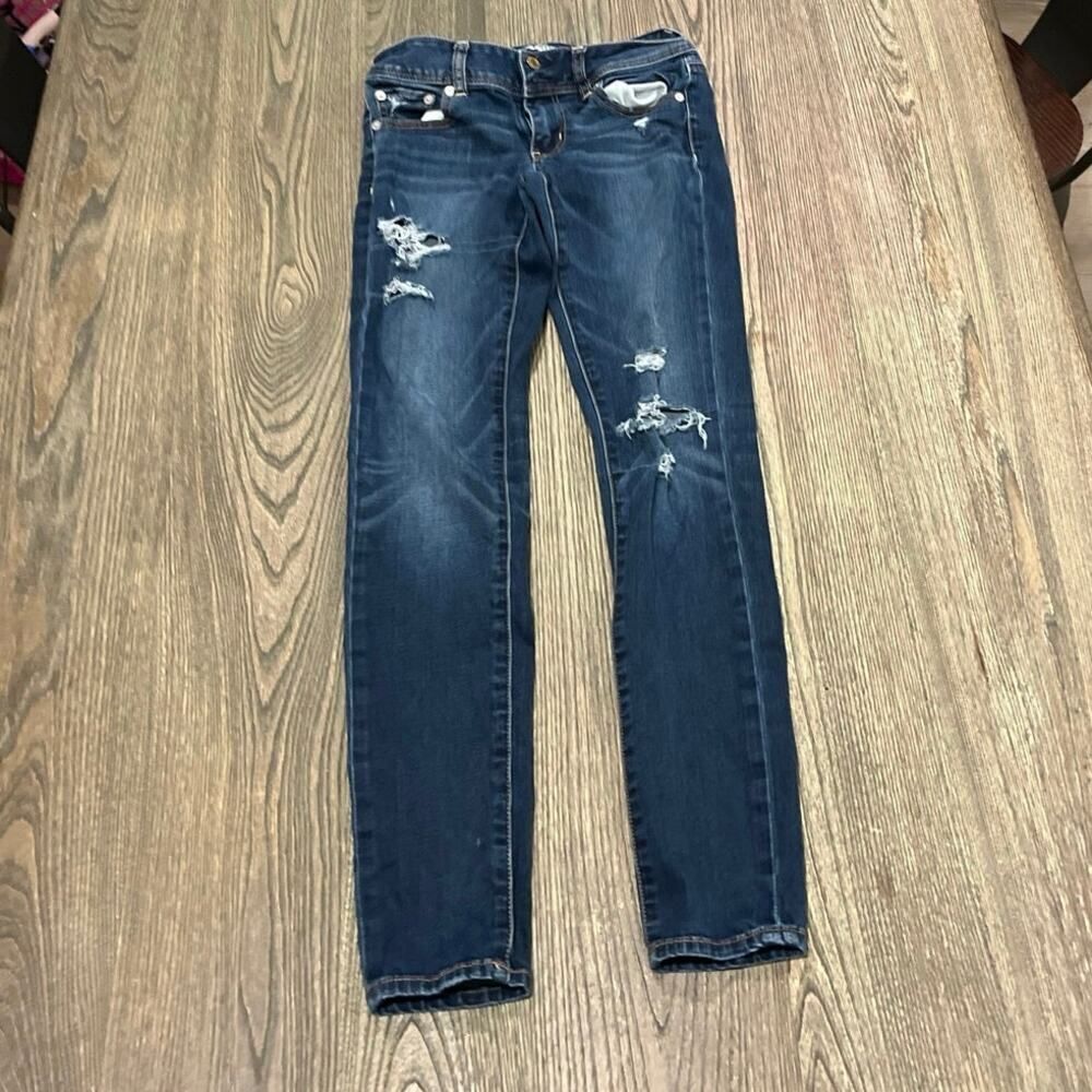 American Eagle Skinny Jeans Mid Rise Super Stretch Distressed Denim Blue Size 0
